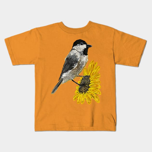 Sunflower With A Chickadee Kids T-Shirt by JDFehlauer